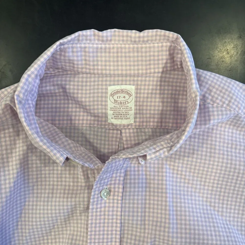 Vtg Brooks Brothers Shirt Mens 17/4 Pink Gray Makers Gingham Plaid USA 6 Button